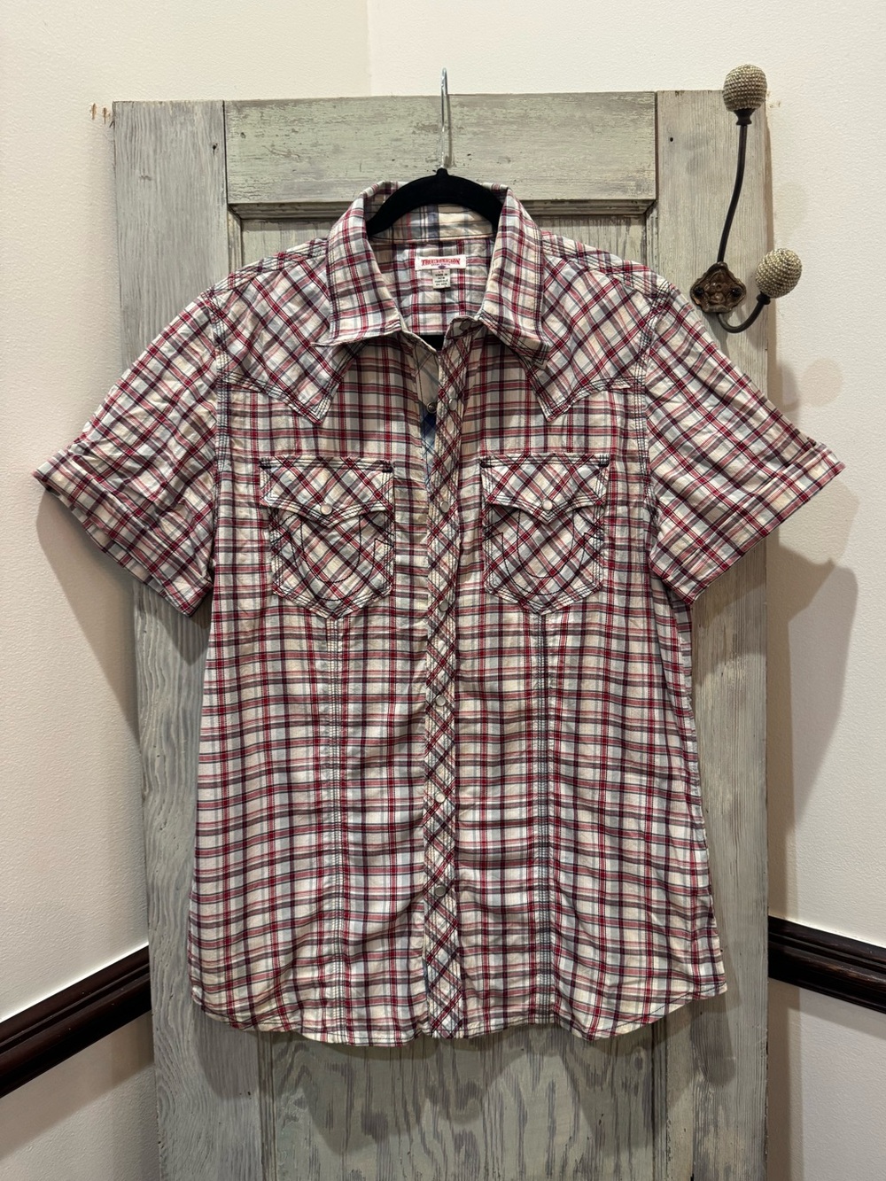 True Religion Pearl Snap Plaid Shirt Mens Large Multicolor Short Sleeve Cuff